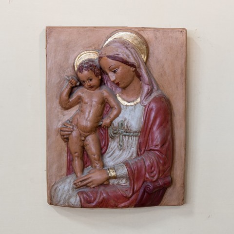 Patinated, Colored and Gold Madonna Boccadirio in Ceramic